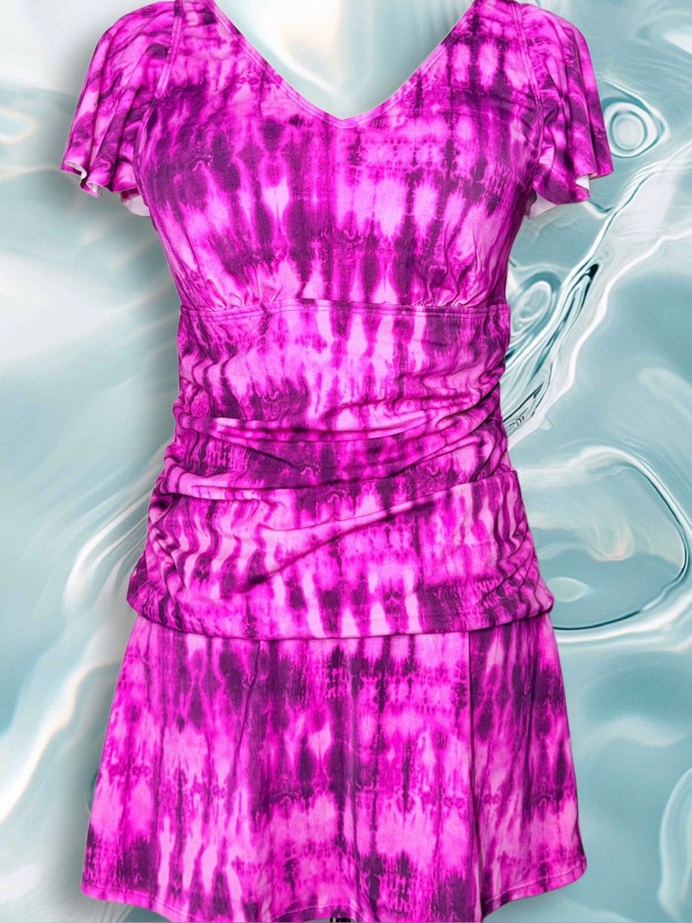 Tankini w/ Skirted Bottom Pink Tie-Dye V-Neck Ruched 2 Piece
